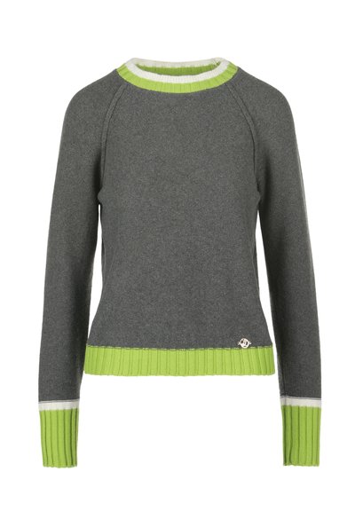 Pull gris à col rond, avec un col et un ourlet côtelés verts et blancs, et des manches longues. Présente un détail de logo en bas à gauche.