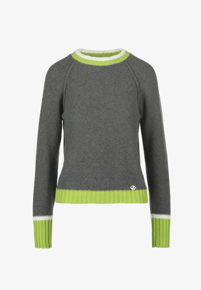 Grauer Pullover mit rundem Hals, geripptem grün-weißen Kragen und Saum sowie langen Ärmeln. Verfügt über ein Logodetail unten links.