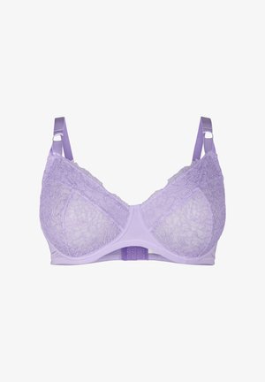 Soutien-gorge en dentelle lavande avec motifs floraux, bande sous poitrine lisse, bretelles ajustables et fermeture crochet et œil pour un maintien sécurisé.