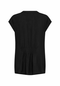 Haut noir à manches courtes avec col, taille élastiquée froncée et coupe décontractée. Tissu lisse avec un design simple.