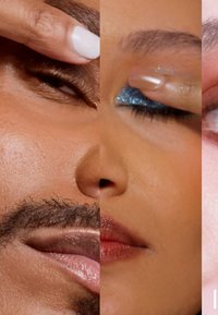 Tre nærbilleder, der viser forskellige hudtoner og øjenmakeup-stilarter. Det første viser en finger, der rører ved øjenlåget. Det andet fremviser blå shimmer.