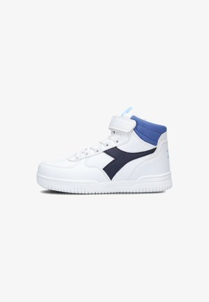 High-top athletic shoe in white synthetic material with navy accent. Features lace-up closure and velcro strap. Textured rubber sole.