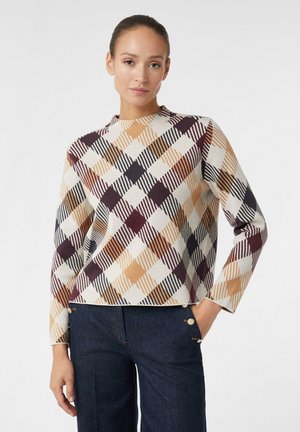 Knit sweater featuring a geometric plaid pattern in cream, dark red, mustard, and black. High neckline and long sleeves. Casual fit.