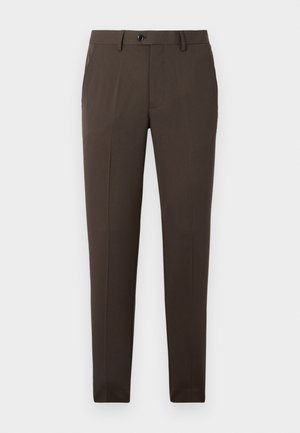Pantalones tailored marrones hechos de una tela suave, con cremallera, presillas para cinturón y bolsillos laterales. Corte slim con un diseño de pierna recta.