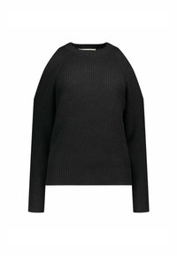 Pull en maille noir avec un col rond, des manches raglan longues et une texture côtelée sur toute la surface. Design simple et uni.