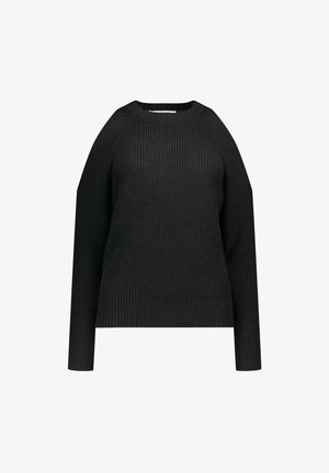 Maglione nero lavorato a maglia con colletto a girocollo, maniche lunghe raglan e texture a coste in tutto il capo. Design semplice e monocolore.