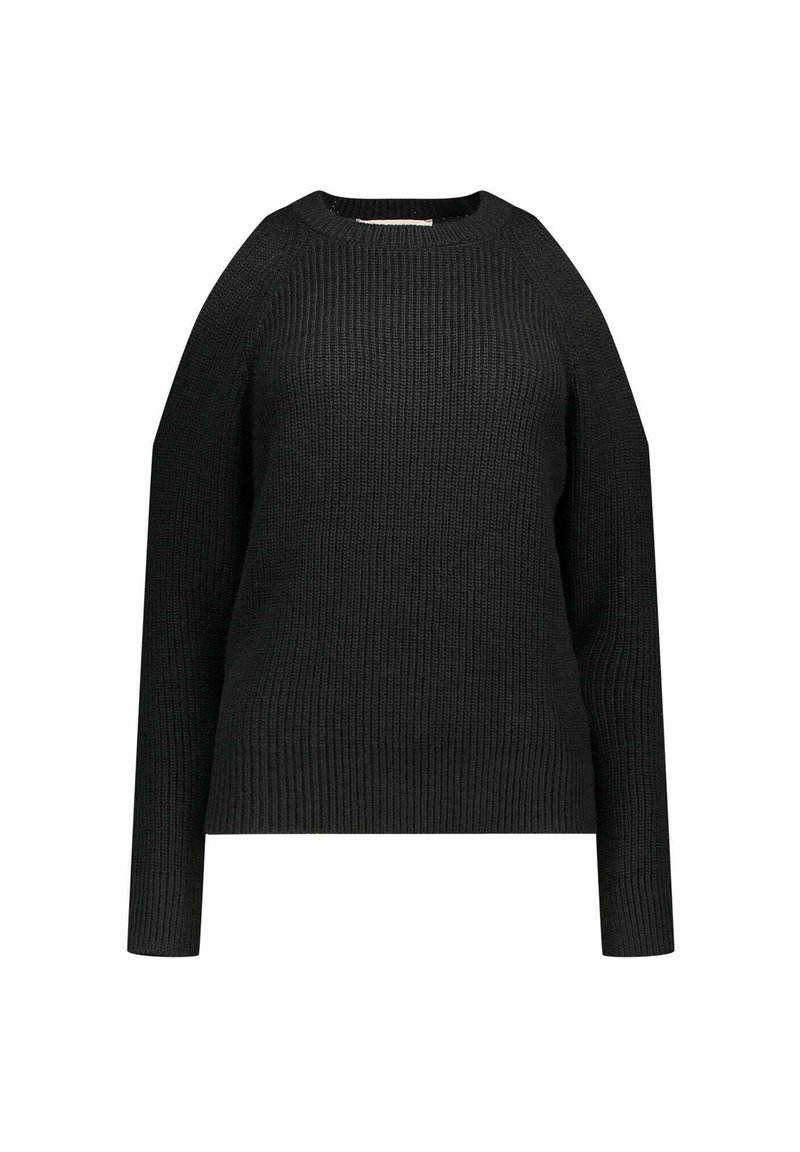 Pull en maille noir avec un col rond, des manches raglan longues et une texture côtelée sur toute la surface. Design simple et uni.