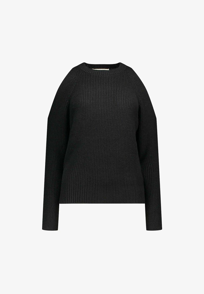 Pull en maille noir avec un col rond, des manches raglan longues et une texture côtelée sur toute la surface. Design simple et uni.