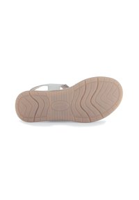 Lichtgekleurde sandaal met uitsparingsdesign, textuur rubberen zool en gebogen rand. Zichtbaar profielpatroon verbetert grip en tractie.