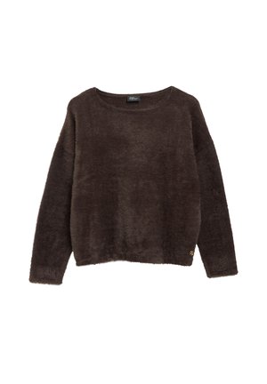 Pull marron foncé à manches longues, duveteux, avec un col rond et une petite étiquette logo près de l'ourlet inférieur sur fond blanc.