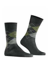 Ciemnoszare skarpetki z wzorem argyle w odcieniach zieleni, jasnoszarego i ciemnoszarego. Dziana faktura z prążkowanym ściągaczem i wzmocnionym palcem.