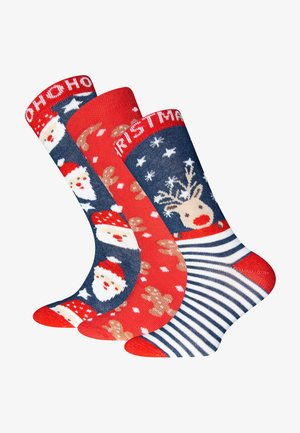 Set of three Christmas-themed socks featuring Santa, reindeer, gingerbread, and a striped pattern. Colors include red, navy, and white.