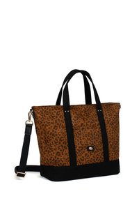 Borsa a sacco con stampa leopardo in marrone e nero, con doppi manici neri, una tracolla regolabile e una base nera.