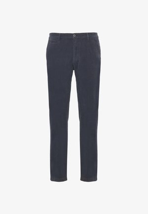 Chinos blu navy slim-fit realizzati in un mix di cotone. Caratterizzati da passanti per cintura, zip e tasche anteriori. Texture liscia con un design classico.