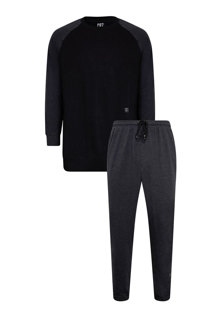 Black long-sleeve crewneck sweatshirt with dark gray raglan sleeves, paired with matching dark gray tapered jogger pants featuring an adjustable drawstring.