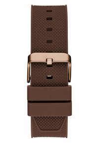 Brauner Gummi-Uhrenarmband mit texturierter Oberfläche, goldfarbener Metallschnalle, mehreren Einstelllöchern und einem festen rechteckigen Ende.