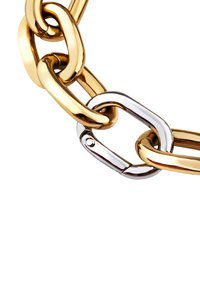 Bracciale a catena in metallo dorato e argentato con anelli lisci e arrotondati, caratterizzato da una finitura lucida e un distintivo gancio di connessione argentato.
