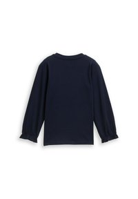 Langärmliges, marineblaues Oberteil aus weichem Stoff. Verfügt über einen Rundhalsausschnitt und gathered Rüschendetails am Ende der Ärmel.