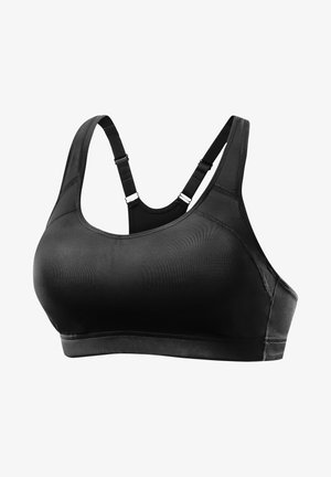 Črna športna modrček iz gladkega materiala z nastavljivimi naramnicami, okroglim izrezom in širokim podporom pod prsi.