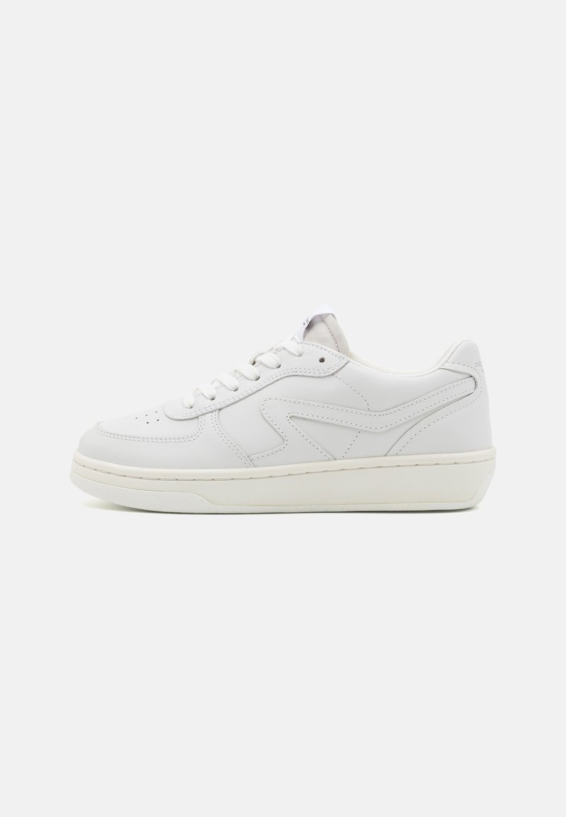 White leather sneakers with a smooth surface, rounded toe, lacing system, subtle stitching, and a textured rubber sole.