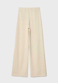 Beige weite Hose aus weichem Stoff, mit hoher Taille und klaren Linien ohne sichtbare Verschlüsse oder Muster.