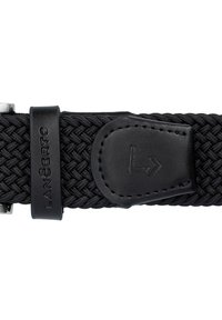 Czarny pleciony pasek z teksturowanym wzorem, z skórzanym akcentem i tłoczonym logo. Metalowa klamra zapewniająca pewne zapięcie.
