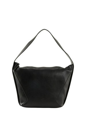 Sac à épaule en cuir noir avec une texture lisse, des accents triangulaires à la base et une anse courbée. Fermeture à glissière sur le dessus.