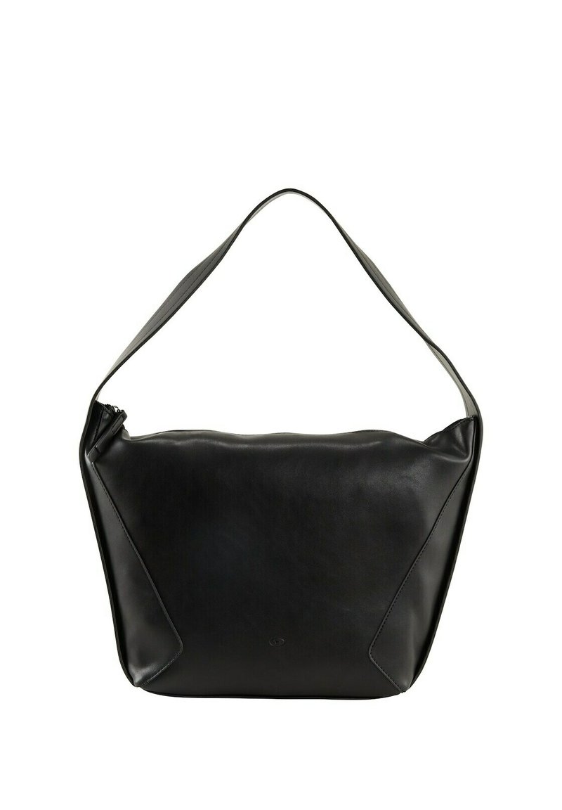Borsa a spalla in pelle nera con una texture liscia, dettagli triangolari alla base e una tracolla curvata. Chiusura con zip sulla parte superiore.
