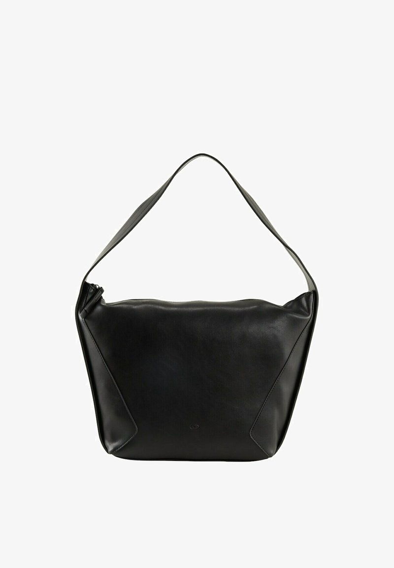 Zwarte leren schoudertas met een gladde textuur, triangulaire accenten aan de onderkant en een gebogen schouderband. Ritssluiting aan de bovenkant.