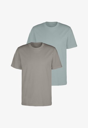 Zwei T-Shirts mit Rundhalsausschnitt: eines in Hellgrau und eines in Hellblau. Beide haben eine normale Passform, kurze Ärmel und eine weiche Textur.