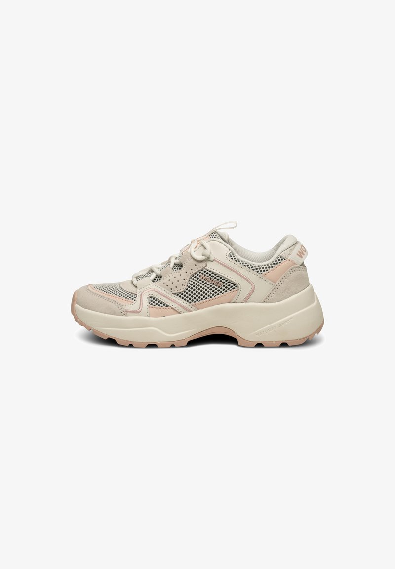 Lightweight athletic shoes featuring a mesh upper with suede accents in cream and soft pink, a rounded toe, and a textured rubber sole.
