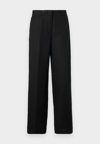 Black wide-leg pants made from a lightweight fabric. Features a flat front with belt loops and side pockets, providing a relaxed fit.