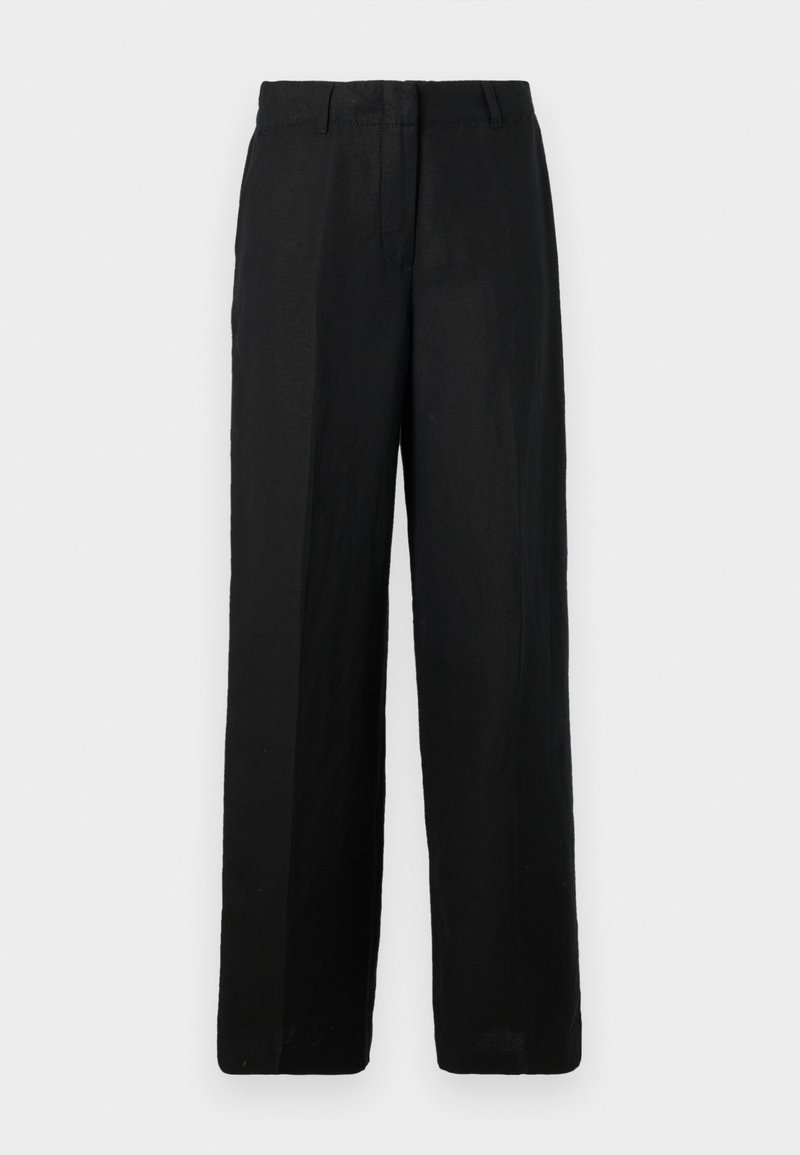 Czarne spodnie szerokie, wykonane z lekkiego materiału. Posiadają płaski przód z paskami i bocznymi kieszeniami, zapewniając luźny krój.