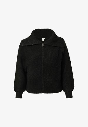 Zwarte jack met ritssluiting en een brede kraag, gemaakt van een textuurstof. Heeft ontspannen mouwen en een rechte zoom.