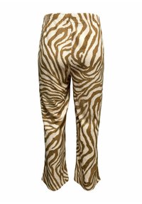 Pantalon capri imprimé zèbre marron et crème avec une taille élastique, doté d'un tissu texturé et d'une coupe décontractée.