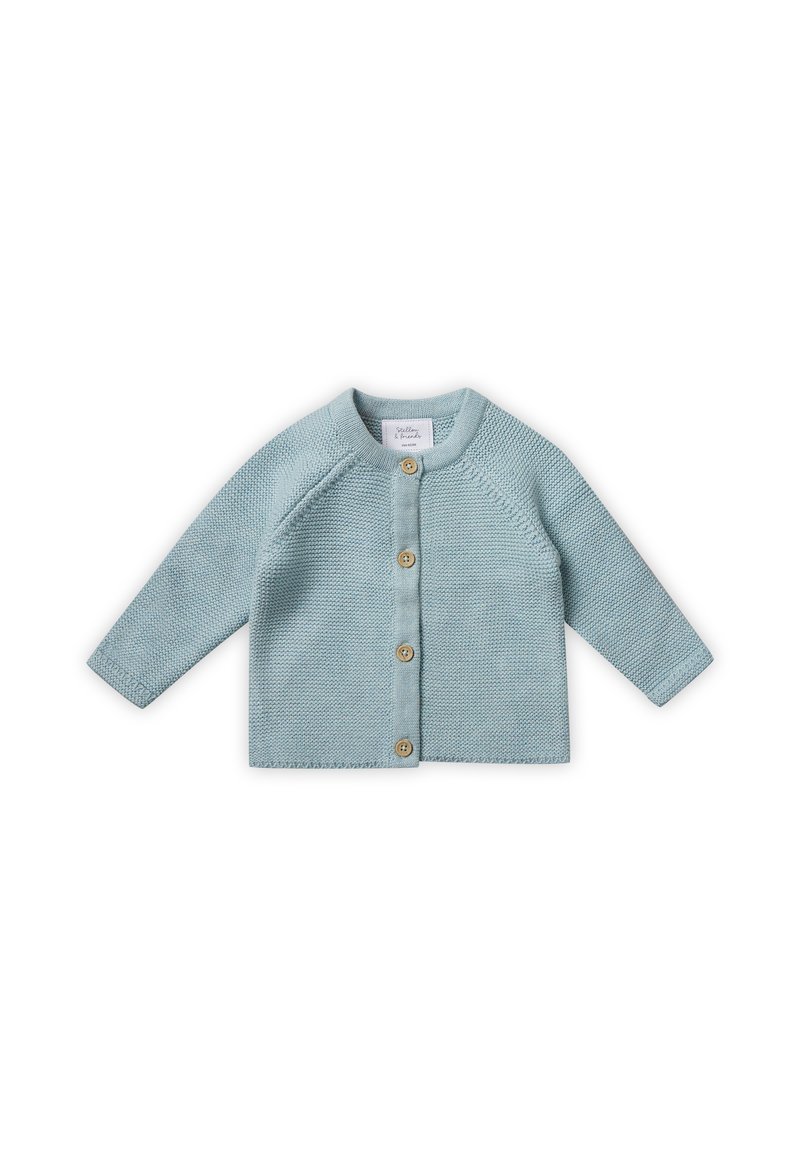 Cardigan en tricot bleu clair avec des manches longues, un col rond et cinq boutons en bois à l'avant. Matière texturée et design sans couture.