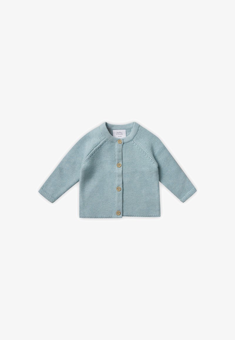 Cardigan en tricot bleu clair avec des manches longues, un col rond et cinq boutons en bois à l'avant. Matière texturée et design sans couture.