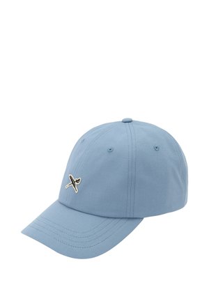 Light blue baseball cap with curved brim and small black and white crossed sword logo on front panel.