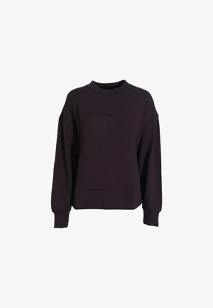 Felpa viola con scollatura rotonda, maniche lunghe, spalle scese e logo "Emporio Armani" in rilievo sul davanti.
