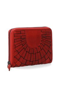 Red leather wallet with a textured surface featuring a geometric pattern. It has a zip closure and contrasting black stitching along the edges.