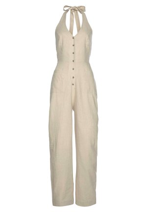 Beige linnedragt med halterneck og sløjfe, med knapper foran og to sidelommer. Glat tekstur og brede ben.