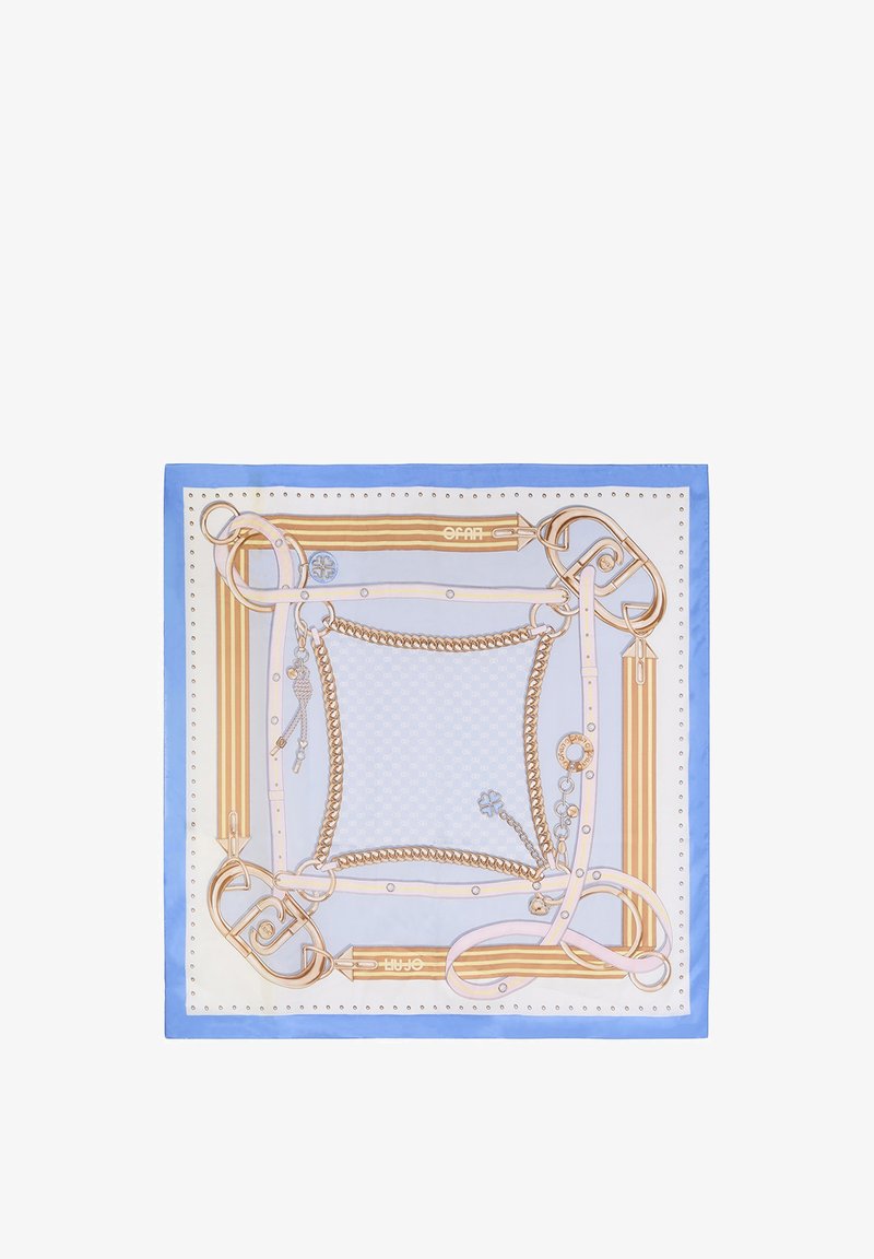 Foulard di seta con un bordo azzurro chiaro, motivo dorato e bianco di catene e accessori, con trame sottili e pois al centro.