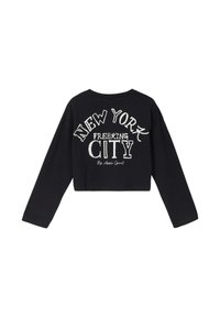 Zwart cropped sweatshirt met lange mouwen, voorzien van gedurfde witte tekst: "NEW YORK FREAKING CITY" op de rug, met een zachte katoenen textuur.