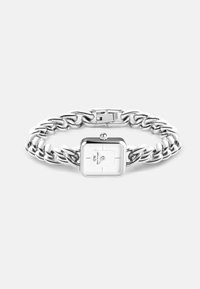 Silbernes Armbanduhr mit quadratischem weißen Ziffernblatt, Gliederdesign und polierter Oberfläche. Verfügt über eine Krone an der Oberseite und einen Verschluss zum Klicken.
