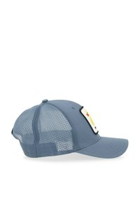 Blue cap with a mesh back, curved bill, and a prominent patch featuring a yellow design. Adjustable strap at the back for fit.