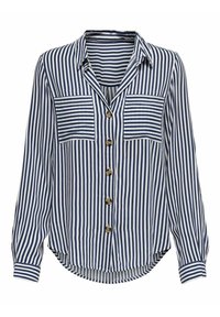 Camicia a righe blu e bianche con bottoni, due tasche sul petto, tessuto morbido, maniche lunghe e orlo arrotondato per una vestibilità comoda.