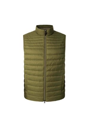 Olive green padded vest with a high collar, front zipper closure, and horizontal quilted pattern; smooth texture with no visible hardware.