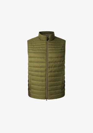 Olivově zelená prošívaná vesta s vysokým límcem, předním zipem a horizontálním prošíváním; hladký povrch bez viditelného kování.