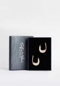 Orecchini a cerchio in tono oro con una forma curvata, caratterizzati da una sezione di strass scintillanti. Presentati in una scatola foderata in velluto nero.