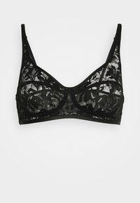 Bralette de renda preta com alças ajustáveis, padrão floral, suporte sob arame e forro suave. As bordas possuem um acabamento liso.